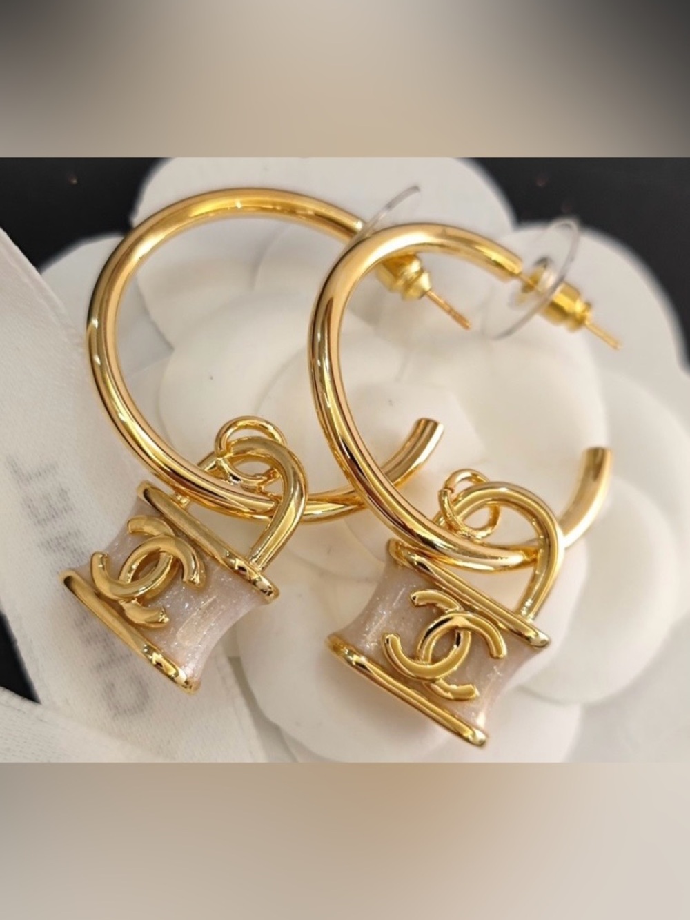 Double C Lock Pendant Hoop Logo Pale Pink Enamel Earrings with a Hint of Shimmer